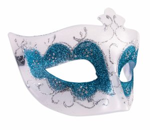 White Masquerade Mask with Blue Glitter